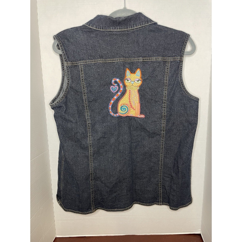 Additions By Chico's Denim vest Embroidered Cat Boho Sz Large Button Up